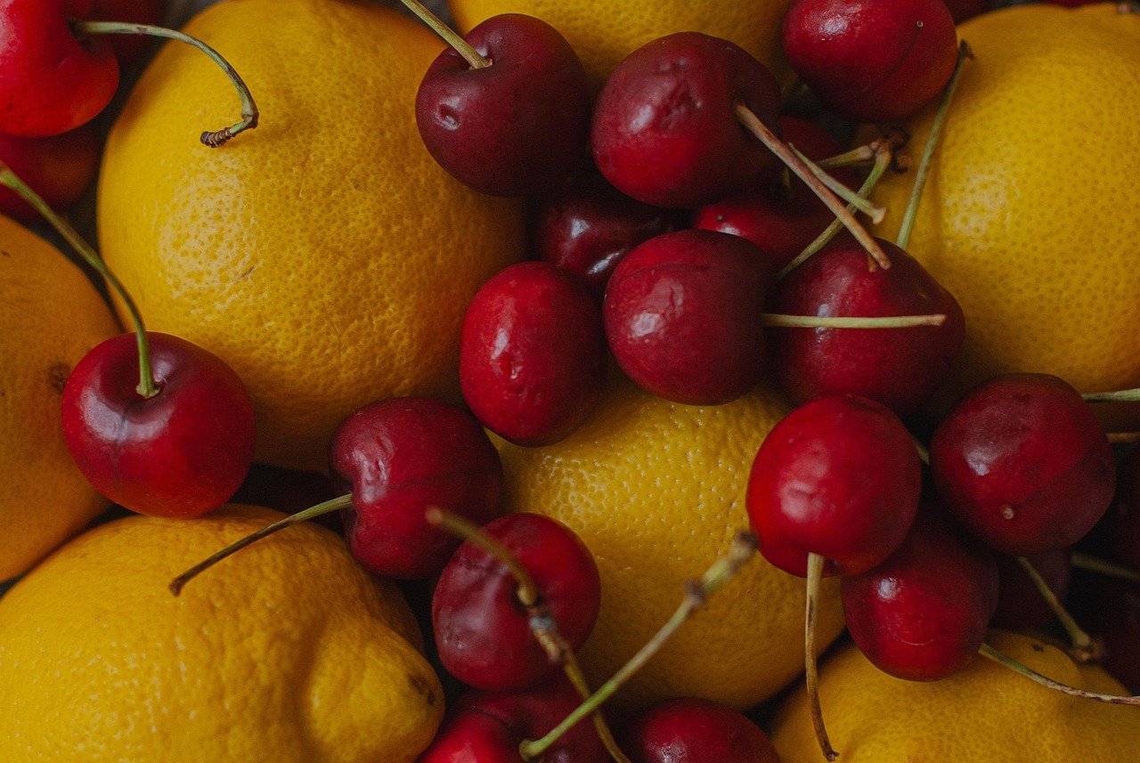 lemons, cherries, fruit, citrus, yellow, sweet, diet, health, colorful, organic